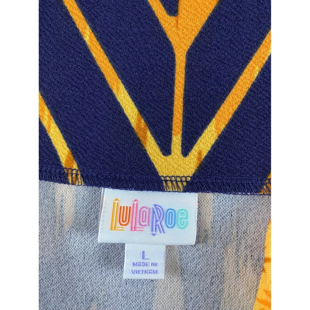 LuLaRoe Cassie Pencil Skirt Large Navy Mustard Yellow Brown‎ Chevron Ikat Print